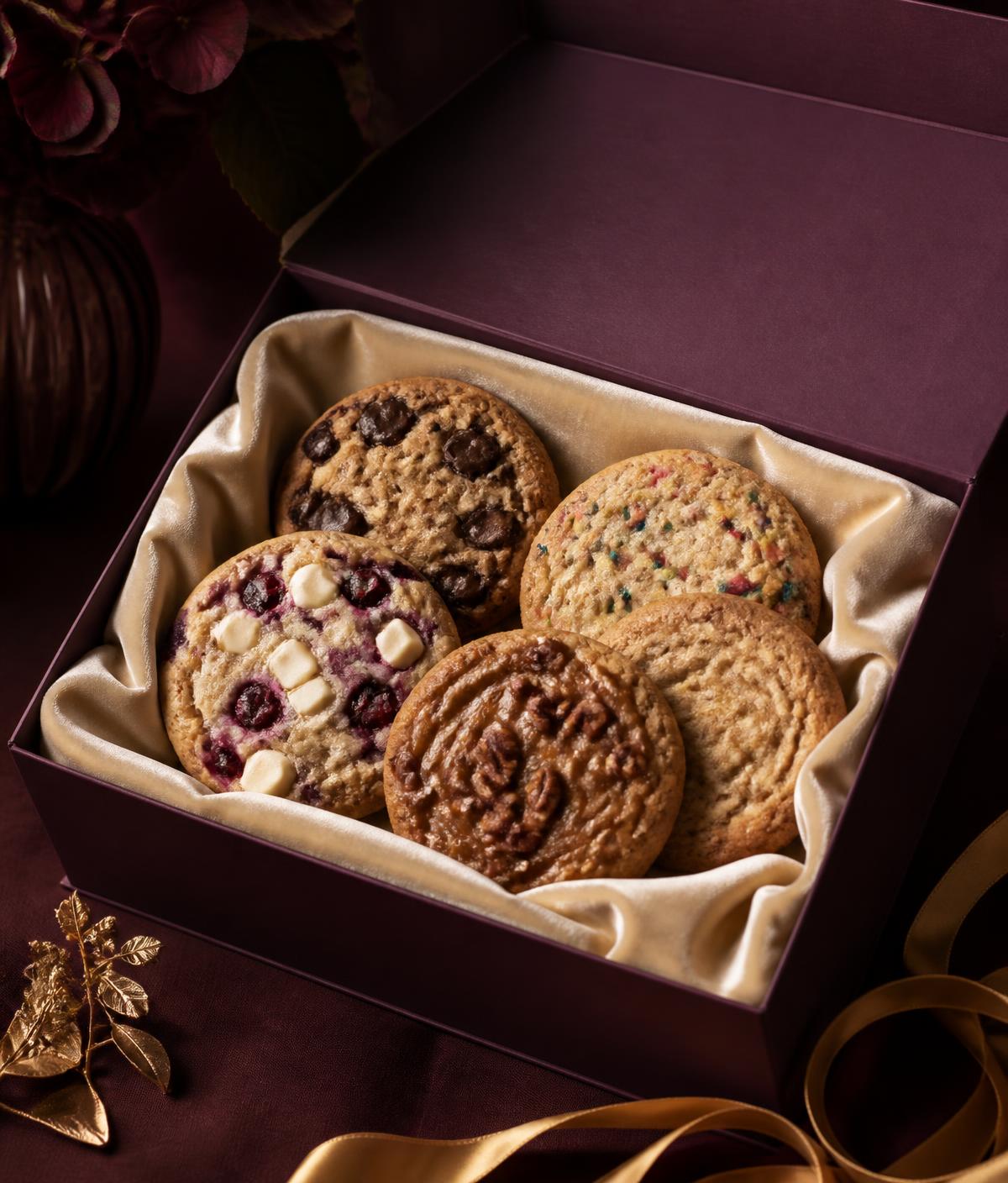 Open Baked Your Day gift box filled with assorted gourmet cookie flavors