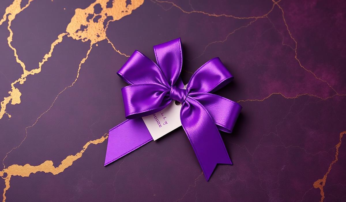 Purple satin ribbon and gift tag on a plum and gold marbled surface
