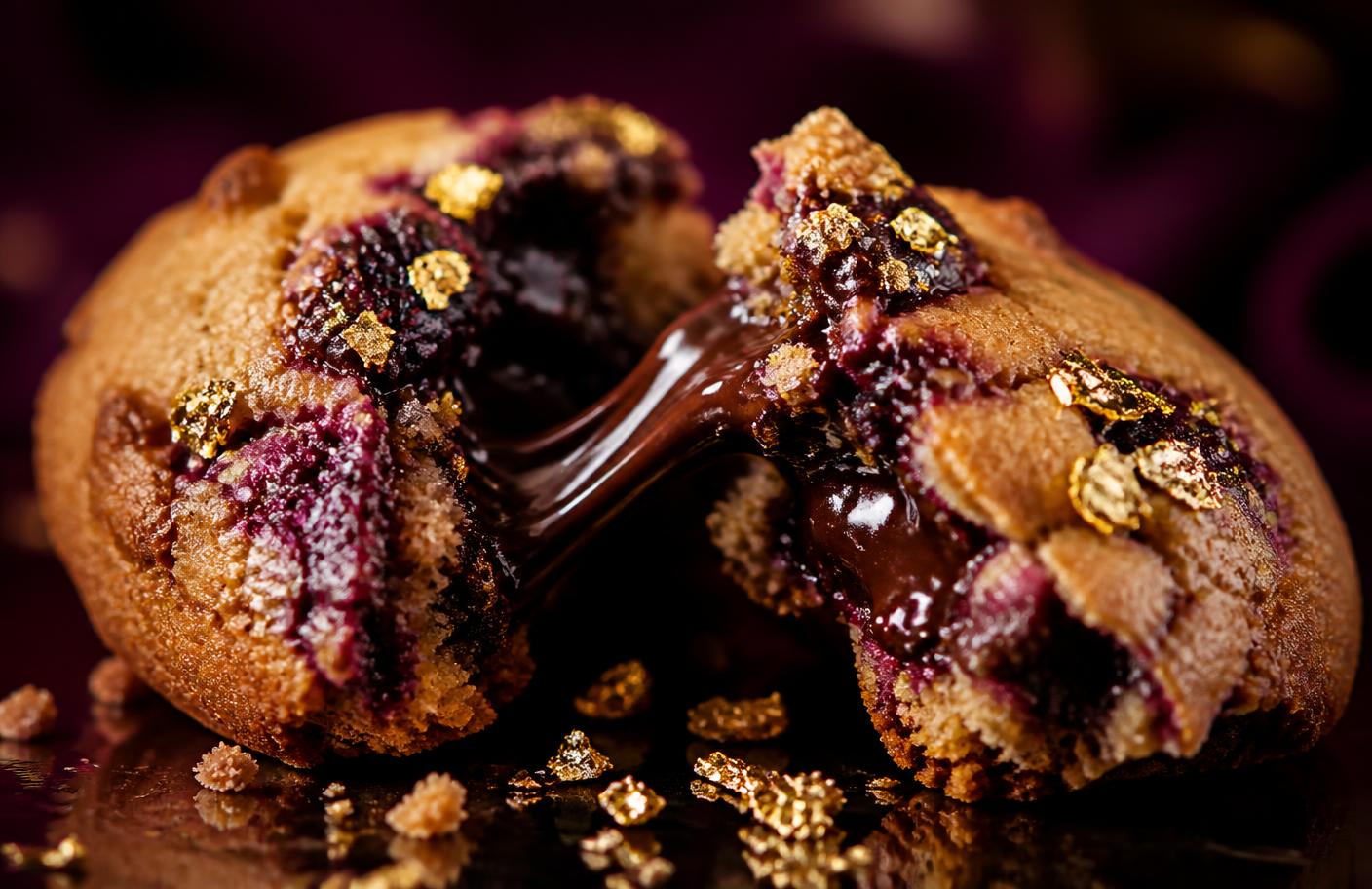 A freshly baked stuffed cookie broken open to show its molten center
